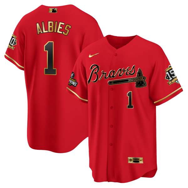 Men's Atlanta Braves #1 Ozzie Albies 2021 Red/Gold World Series Champions With 150th Anniversary Patch Cool Base Stitched Jersey Men's Atlanta Braves #1 Ozzie Albies 2021 Red/Gold World Series Champions With 150th Anniversary Patch Cool Base Stitched Jersey